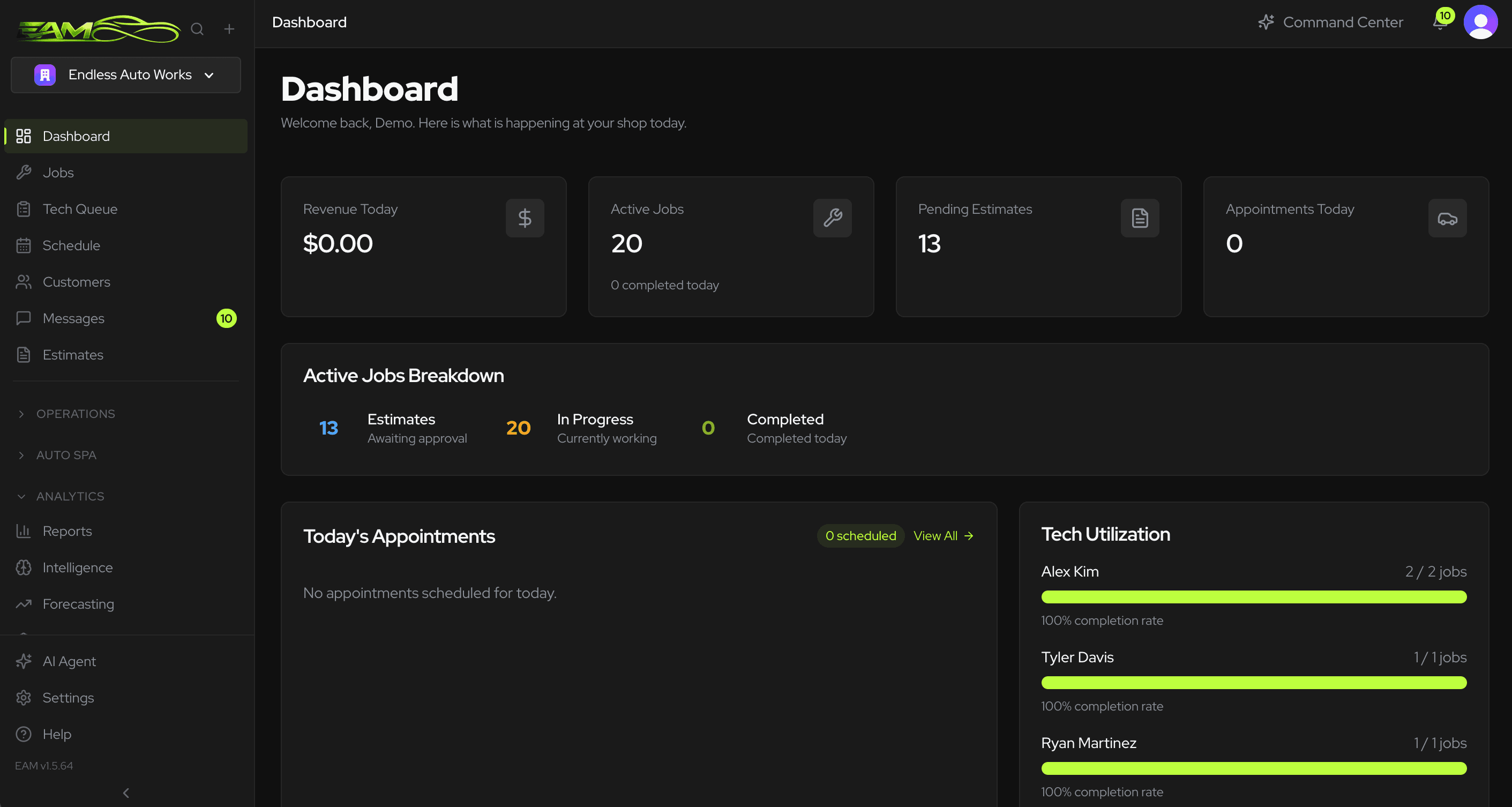EAM Dashboard showing repair orders, scheduling, and customer management